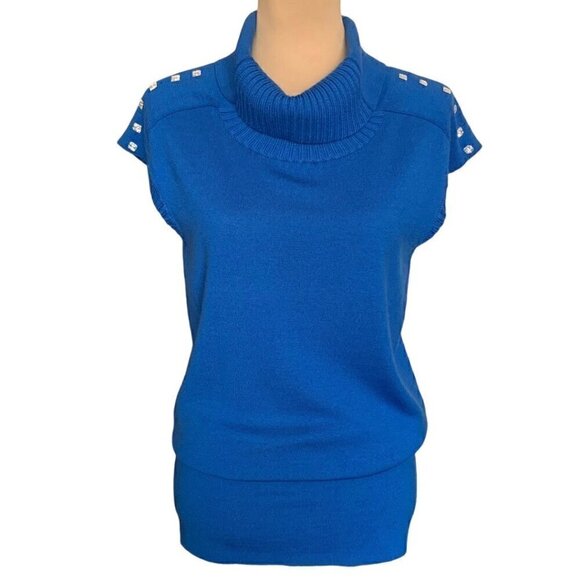 IISLI 100% Wool Sweater Top Sz.S Blue Knit Sleeveless Turtleneck Beaded Long - Picture 1 of 12